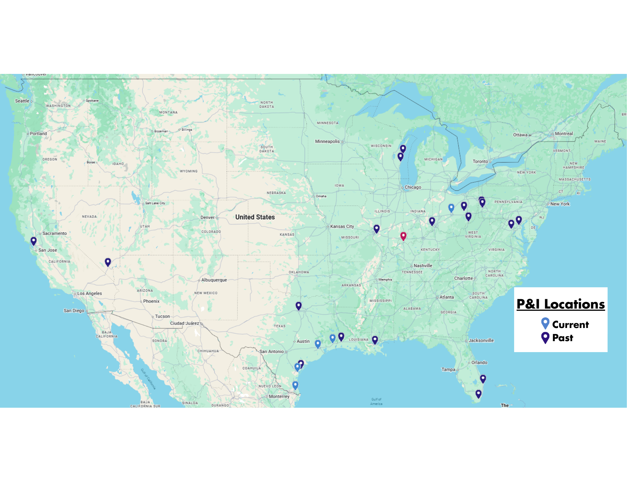 Map of current and past locations.